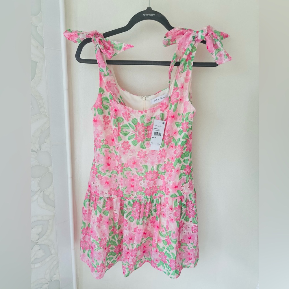 All In Favor NWT Floral Pink and Green Dress with Bow Straps